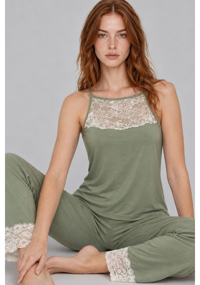 Kadın Dantelli Relaxed Yeşil Pijama Takımı 4745