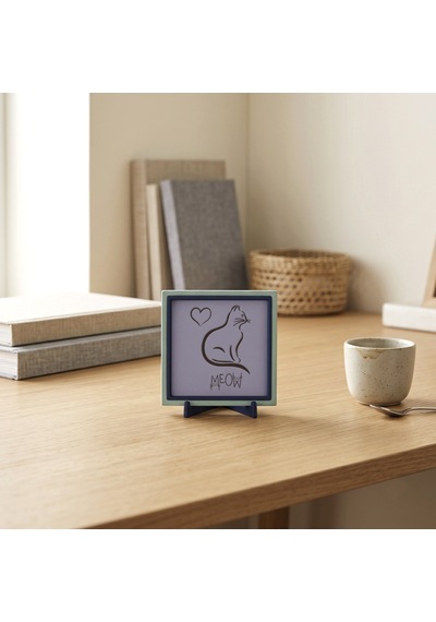 Meow Ve Kalp Temalı Şık Dekoratif Obje, Yaşam Alanınız İçin Sempatik Değerli Bir Hediye 10x10 Cm