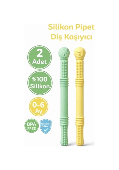 Bebek Diş Kaşıyıcısı Silikon Pipet & Diş Kaşıyıcı Set 2 Li Yeşil & Sarı I Dişlik Çiğneme Tüpü Pipet Yeşil - Sarı