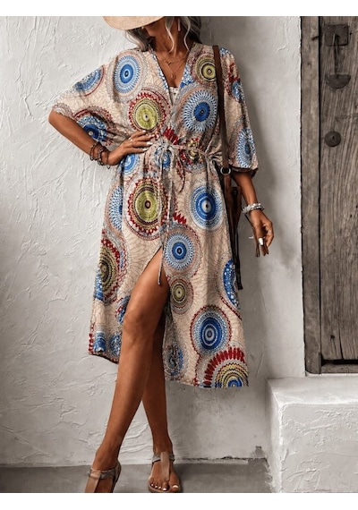 Efnaz Style Kadın Kısa Kollu Önü Açık Belden Kuşaklı Uzun Kimono Kırmızı
