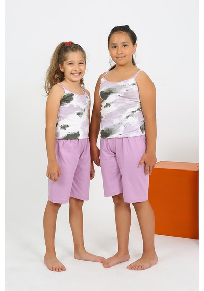 Akbeniz Kız Çocuk İp Askılı Şortlu Penye Lila Pijama Takım 20430