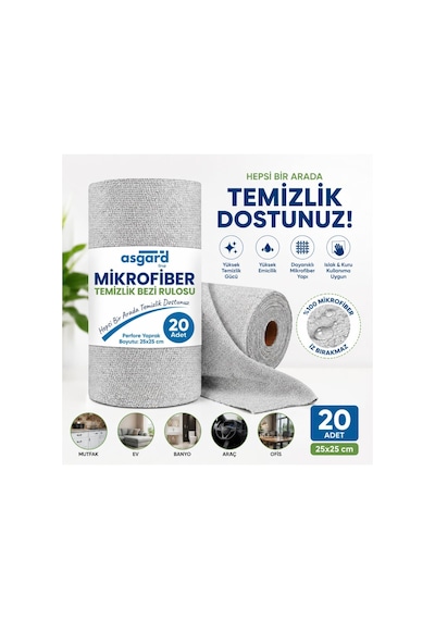 20'li Rulo Gri Renk Mikrofiber Temizlik Bezi 25x25 Cm Kopart Kullan Mikrofiber Bez Leke Tutmaz Tekrar Kullanılabilir Çok Renkli