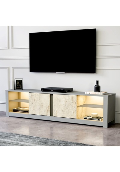 Aydos LED Işıklı Modern TV Sehpası – Cam Raflı, 2 Kapaklı, 180 cm, Gri/Traverten