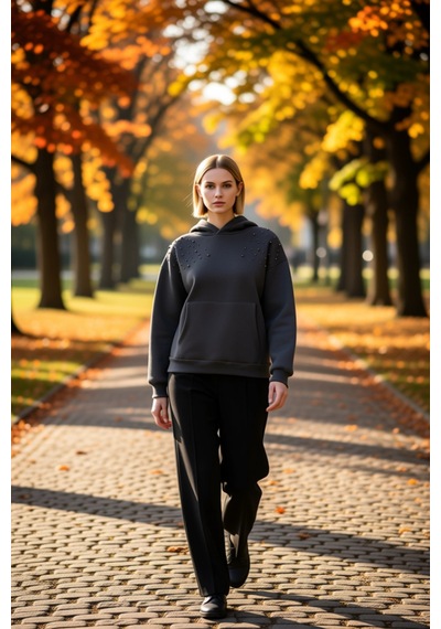 Benerly Kadın Kapüşonlu Düşük Kol Uzun Kollu Relaxed Kalıp Sweatshirt Fon Antrasit