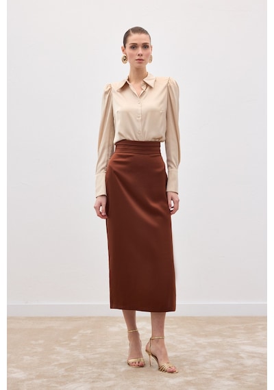 Sateen Bel Pile Detaylı Saten Etek - Kahve-136548 Kahve