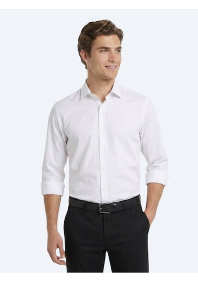 Kip Beyaz Düz Regular Fit Uzun Casual Gömlek