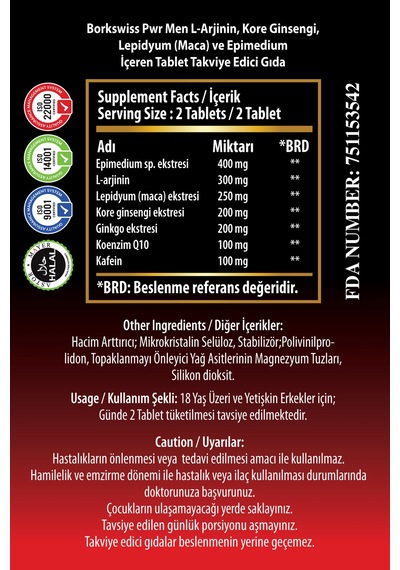 Bork Swiss Pwr Men L-arjinin Maca Ginseng İçeren Takviye Edici Gıda 60 Tablet