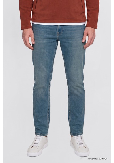 Ac&Co / Altınyıldız Classics Erkek Petrol Mavısı Pamuklu Tapered Fit 5 Cepli Esnek Jean Kot Denim Pantolon Petrol Mavisi