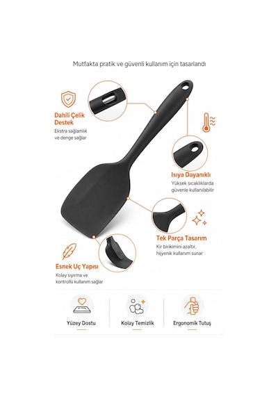 6'lı Siyah Silikon Mutfak Seti Yanmaz Yapışmaz Spatula Kaşık Fırça Pasta Hamur 20-27 cm