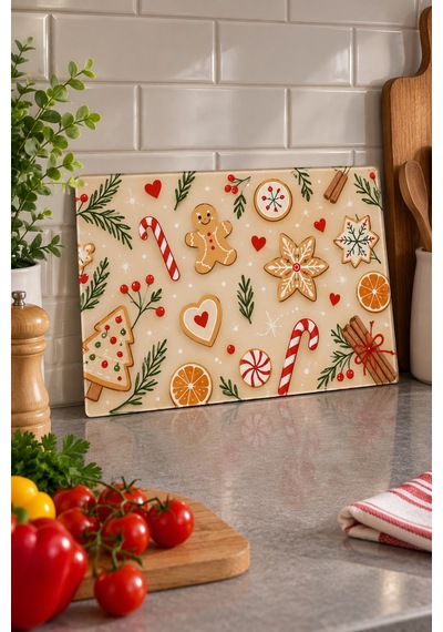 Gökçeoğlu Cam Kesme Tahtası Yılbaşı Temalı - Cam Kesme Tablası 30cm X 40cm Çok Renkli