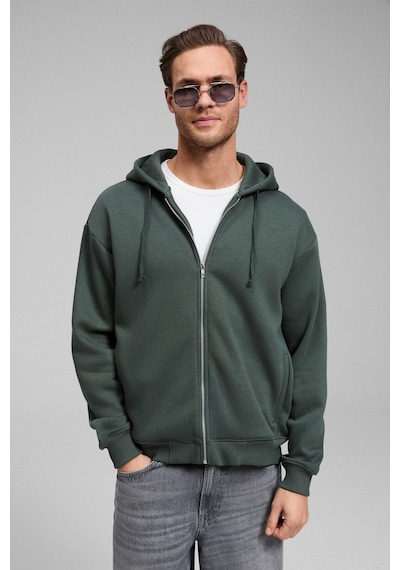 Grimelange Ashby Erkek Kapüşonlu Fermuarlı Cepli Kordonlu Boxy Kalıp Yeşil Sweatshirt Yeşil
