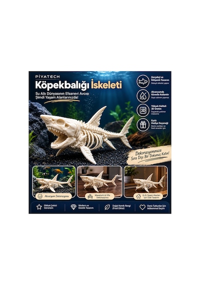 3d Köpekbalığı İskeleti Fosil Görünümlü Akvaryum Dekoru Ve Masaüstü Süs Figürü Kemik Rengi