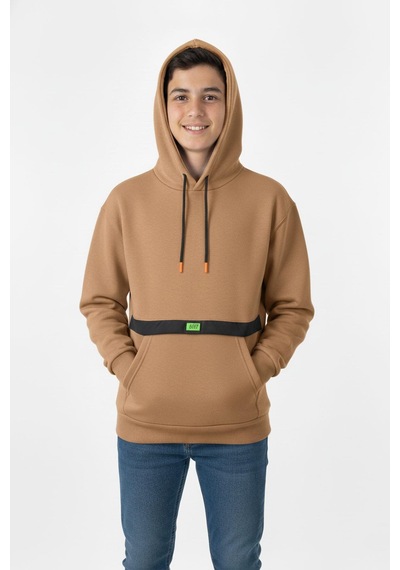 Kapşonlu Kanguru Cepli Detaylı Erkek Çocuk Sweatshirt-90837 Kahverengi
