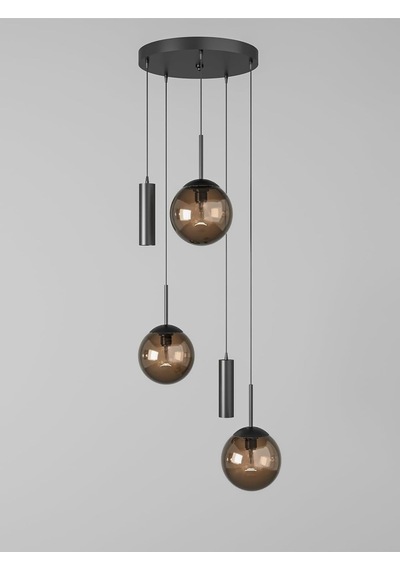 Vienna Modern Siyah Metal Gövdeli 5'li Sarkıt Avize - 3 Bal Cam Küre 2 Led Spot, E27 Duy-g10 Duy Siyah-bal 65 X 100 Çok Renkli