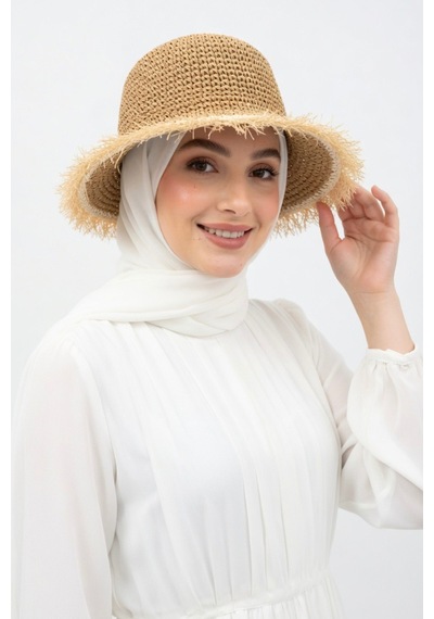 Mollycrush Kadın Camel Saçaklı Premıum Hasır Bucket Güneş Koruyucu Yazlıkplaj Şapkası Kahverengi
