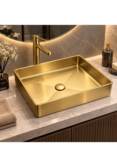 Alfas Aura 51x36cm Dikdörtgen Tezgah Üstü Tezgah Altı Çanak Lavabo Pvd Mat Gold 304 Paslanmaz Çelik