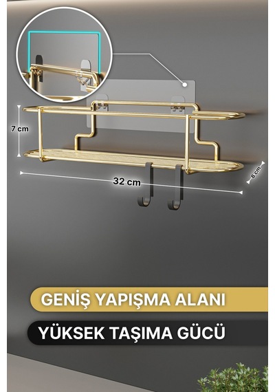 Bino Baharatlık 2 Li Set Gold Metal Mutfak Rafı Banyo Rafı Yapışkanlı Kancalı Tuzluk Askılık Çok Renkli