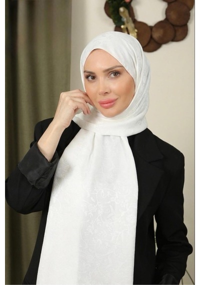 Flora Tekstil Çiçekli Desen İnce Medine İpeği Jakar Şal Krem