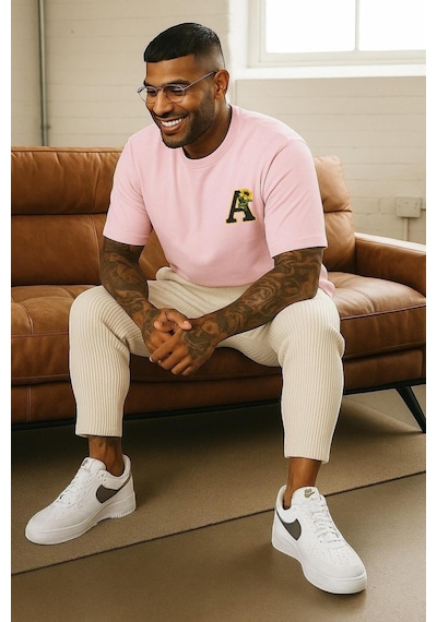 A Harf Baskılı Oversize Unisex Tişört Pembe