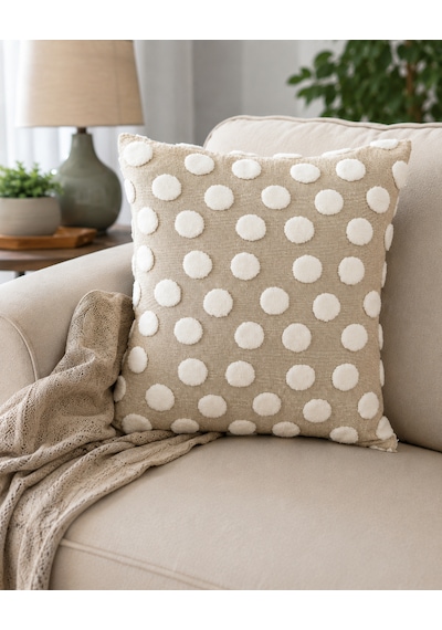 Bubble Punch Dekoratif Kırlent Kılıfı 43x43 Cm Dokulu Ponponlu Bohem Modern Koltuk Yastık Kılıfı Salon Oturma Odası Dekoru Bej