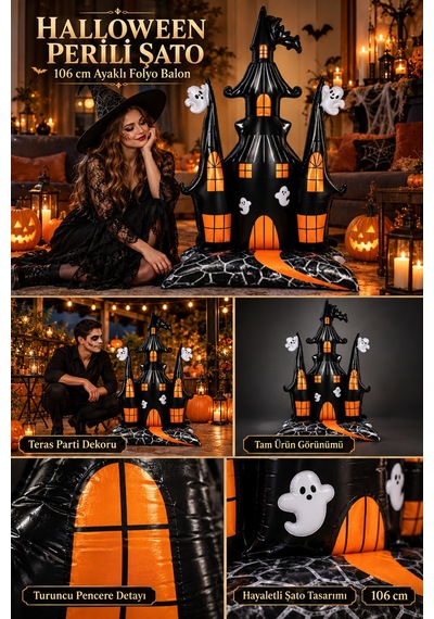 Halloween Cadılar Bayramı Ayaklı Perili Şato Folyo Balon 106 Cm Siyah Turuncu Hayaletli Oda Süsü Çok Renkli
