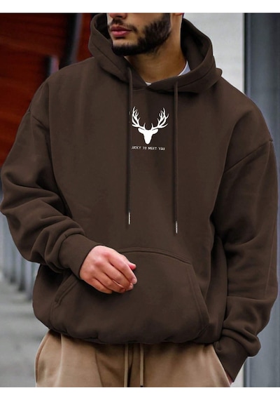 Startmore Kahverengi Unisex Kadın/erkek Deer Renkli Özel Baskılı Pamuklu Oversize Kapüşonlu