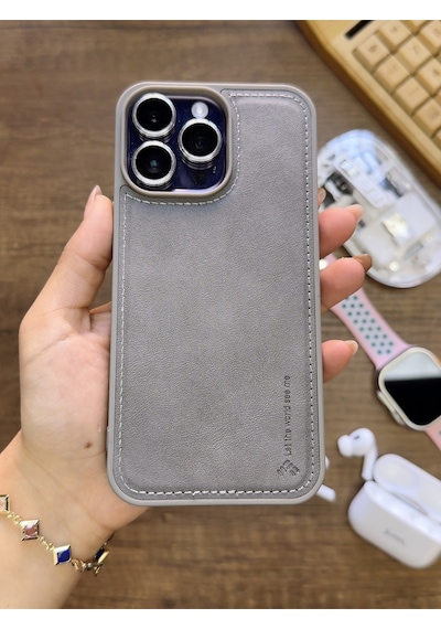 Apple iPhone 15 Pro Max Uyumlu Premium Deri Dokulu Darbelere Karşı Dayanıklı Nazal Silikon Kılıf Gri