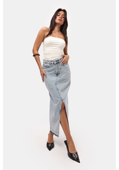 Itsbasic Kadın Snow Kot Rengi Derin Yırtmaçlı Yüksek Bel Uzun Denim Etek