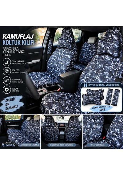 Kamuflaj 3d Baskı Otomobil Servis Kılıfı Ön Ve Arka 4parça Takım Ve Yastik Kemer 1.kalite Li 1 Takım