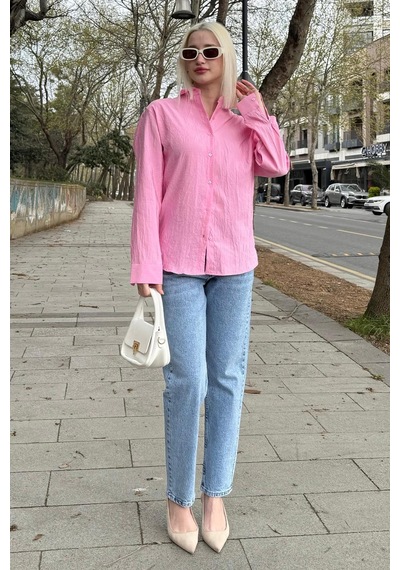 Madmext Pembe Kırışık Desen Kadın Gömlek Mg2313 Pembe
