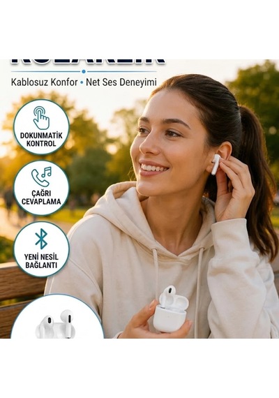 Bluetooth 5.0 Kablosuz Kulaklık Beyaz Dokunmatik Kontrol Çift Mikrofon Çağrı Destekli 00