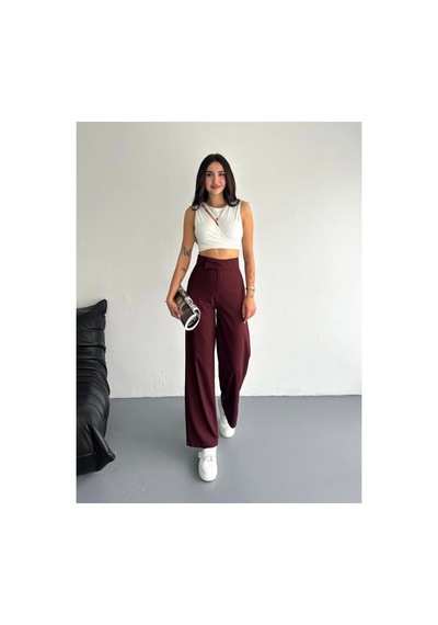 Gugus Kadın Cepsiz Dokuma Kumaş Pantolon Beli Cırtlı Bol Paça Wide Leg Model Bordo