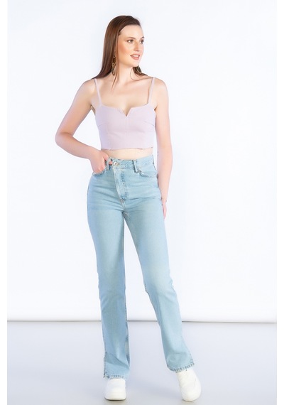 Açık Mavi Yüksek Bel Paça Kesik Detaylı Mom Jeans-açık Mavi Açık Mavi