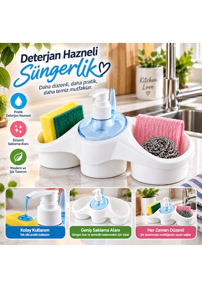 Deterjan Hazneli Süngerlik Mutfak Lavabo Düzenleyici 3 Bölmeli