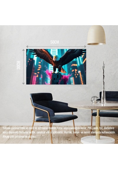 Kartal Fütüristik Bir Şehirde Neon Parıltı Stili 08 Çerçevesiz 50x30 Cm Pvc Tablo