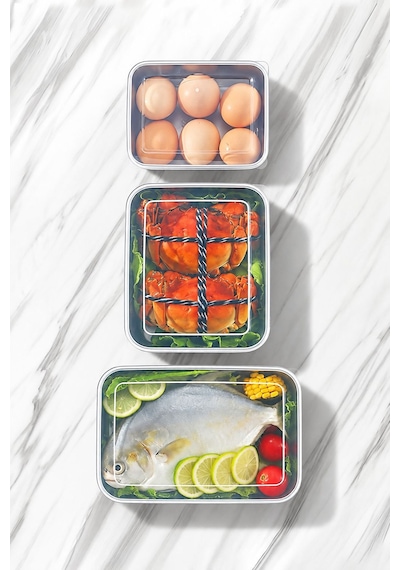 3 Adet Set 304 Çelik Yemek Meyve Et Buzdolabı Beslenme Saklama Kabı Mt323 Gri