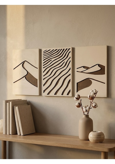 Desert Trilogy 3'lü Duvar Sanatı Seti - Modern Soyut Kum Tepesi Ve Rüzgar Dalgaları Motifli Kazıma Tablo, Organik Minimalist Oyma Tablo Seti