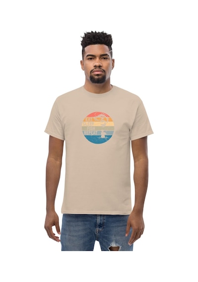 Wildstyle Retro Balık Gün Batımı Vintage Balıkçılık Deniz Baskılı Unisex Bisiklet Yaka Pamuklu Tişört Camel