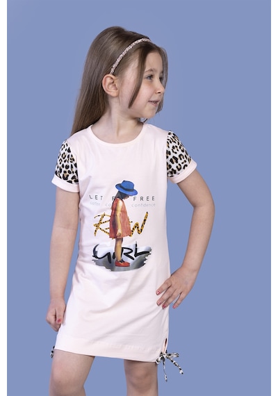 Toontoy Kız Çocuk Leopar Detaylı Baskılı Elbise Pudra