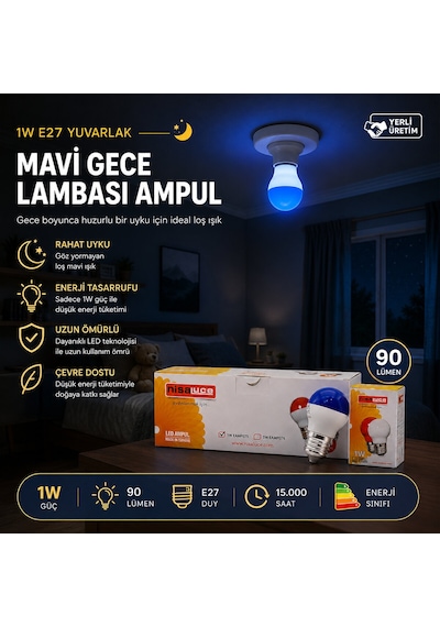 10 Adet 1w E27 Mavi Yuvarlak Gece Lambası Led Ampul Eamp-075 Çr