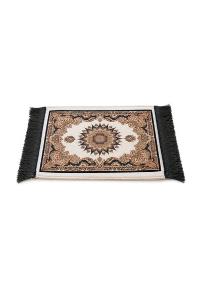 Mini Alın Seccadesi Kaymaz Taban Desenli Cep Tipi Seyahat Namaz Seccadesi - Krem / Kahve