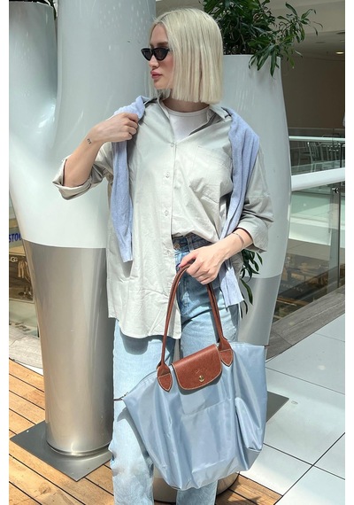 Madmext Gri Oversize Basic Cepli Poplin Gömlek Mg1530 Gri