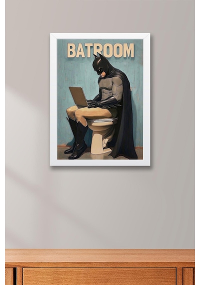 Tuvalette Laptop Kullanan Batman Çerçeveli Tablo - Wc Tuvalet İçin Tablo