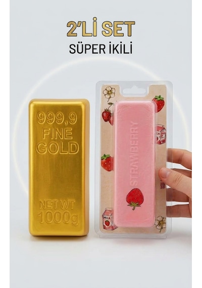 2'li Süper İkili Squishy Seti - Altın Külçesi & Çilekli Butter Yavaş Yükselen Stres Oyuncağı 2 Adet