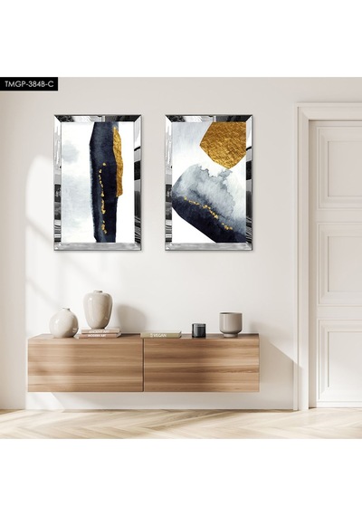Gümüş Aynalı Pleksi Çerçeveli Siyah Ve Gold Modern Soyut Şekiller İkili Mdf Tablo Seti