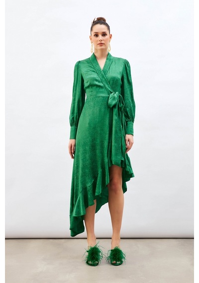 Sateen Jakarlı Asimetrik Elbise - Yeşil-132602 Yeşil