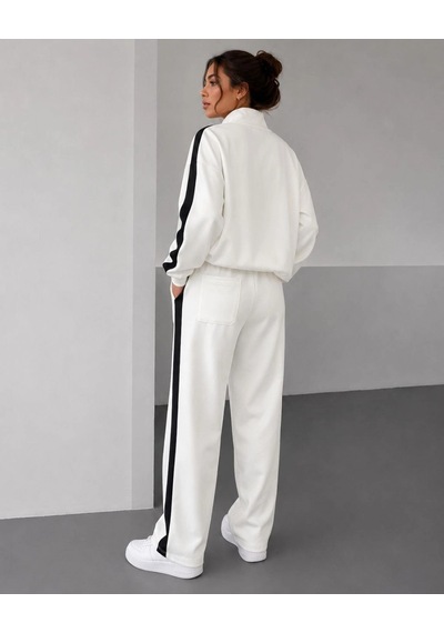 Moda Kadın Scuba Kumaş Oversize Şerit Detaylı Fermuarlı Alt Üst Eşofman Takımı - Beyaz Çok Renkli