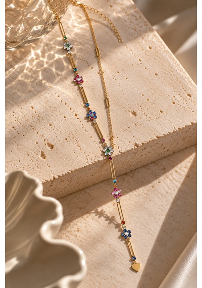 Bloom Collection Amora Renkli Taşlı Çiçek Detaylı Gold Uzun Çelik Y Kolye Altın Altın