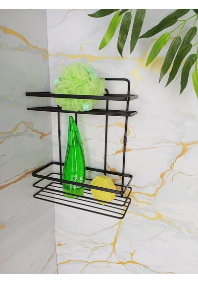 Yapışkanlı 2 Katlı Banyo Rafı,yuvarlak Havluluk,tuvalet Kağıtlığı, Bornozluk Siyah