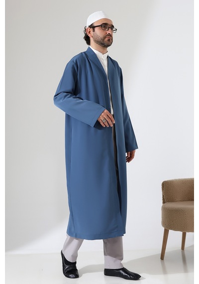 Erkek Namaz Elbisesi Buhara Yaka Cepli Namaz Cübbesi Mavi- Sfa Mavi